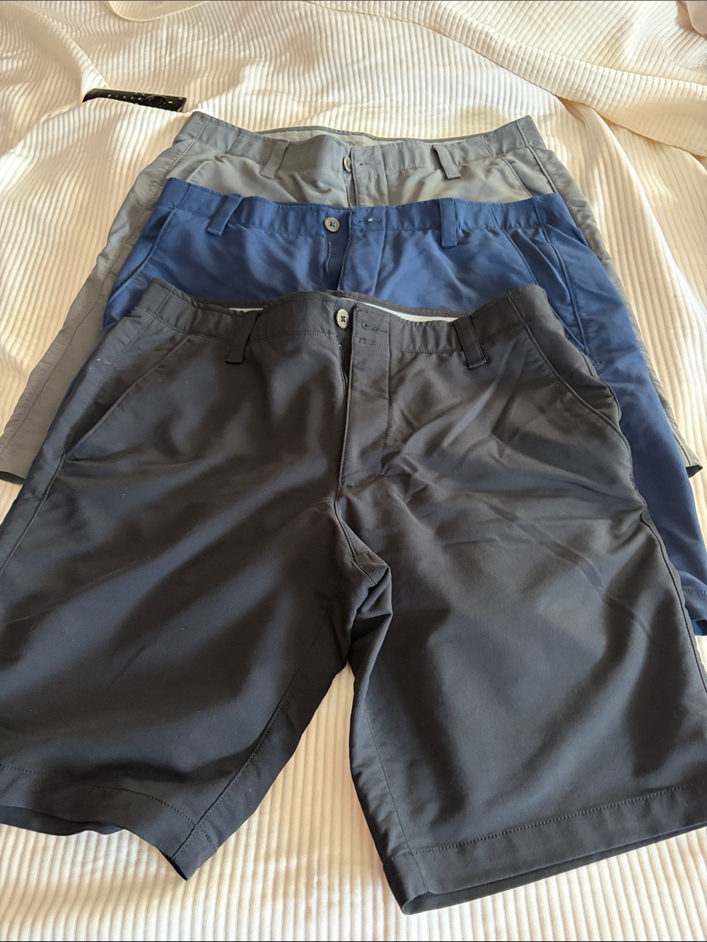 Men's Flat Front Performance Shorts in Black, Blue, and Gray